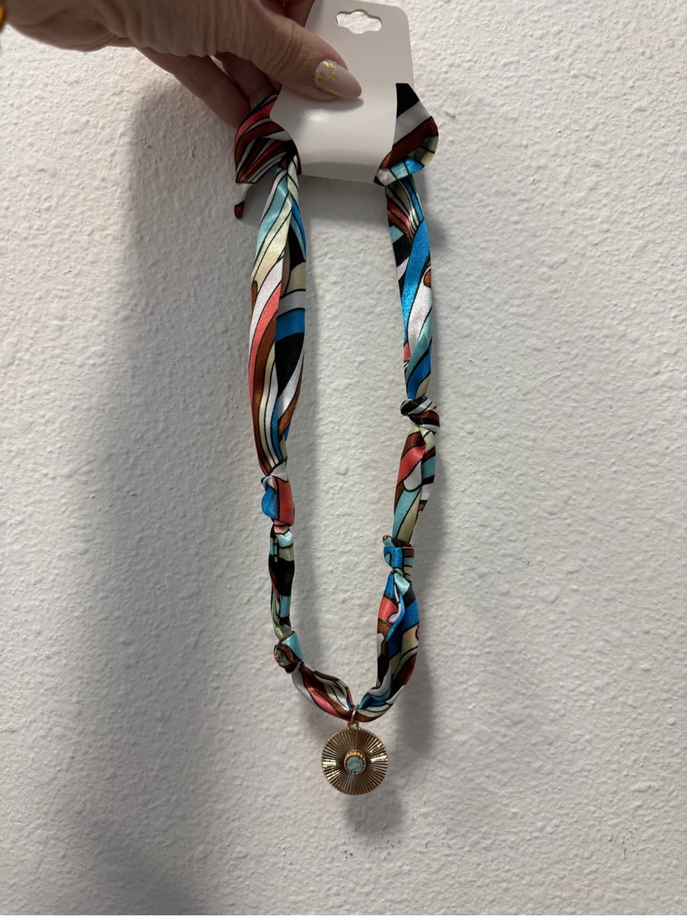 Multicolor Silk-Style Scarf Necklace with Gold Pendant